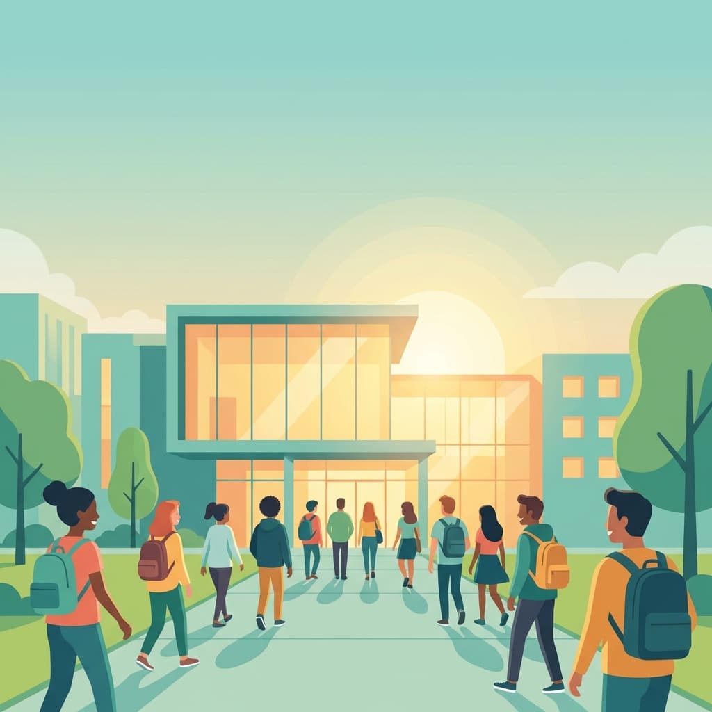 Happy students walking towards university campus